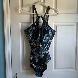 City Chic Black and Blue Leaf Print Swimsuit